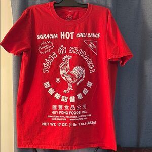 Vibrant Red Short Sleeve Tee with Rooster Graphic Size L
